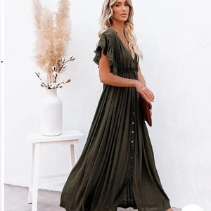 ANIKA POCKETED BUTTON DOWN RUFFLE MAXI DRESS-OLIVE